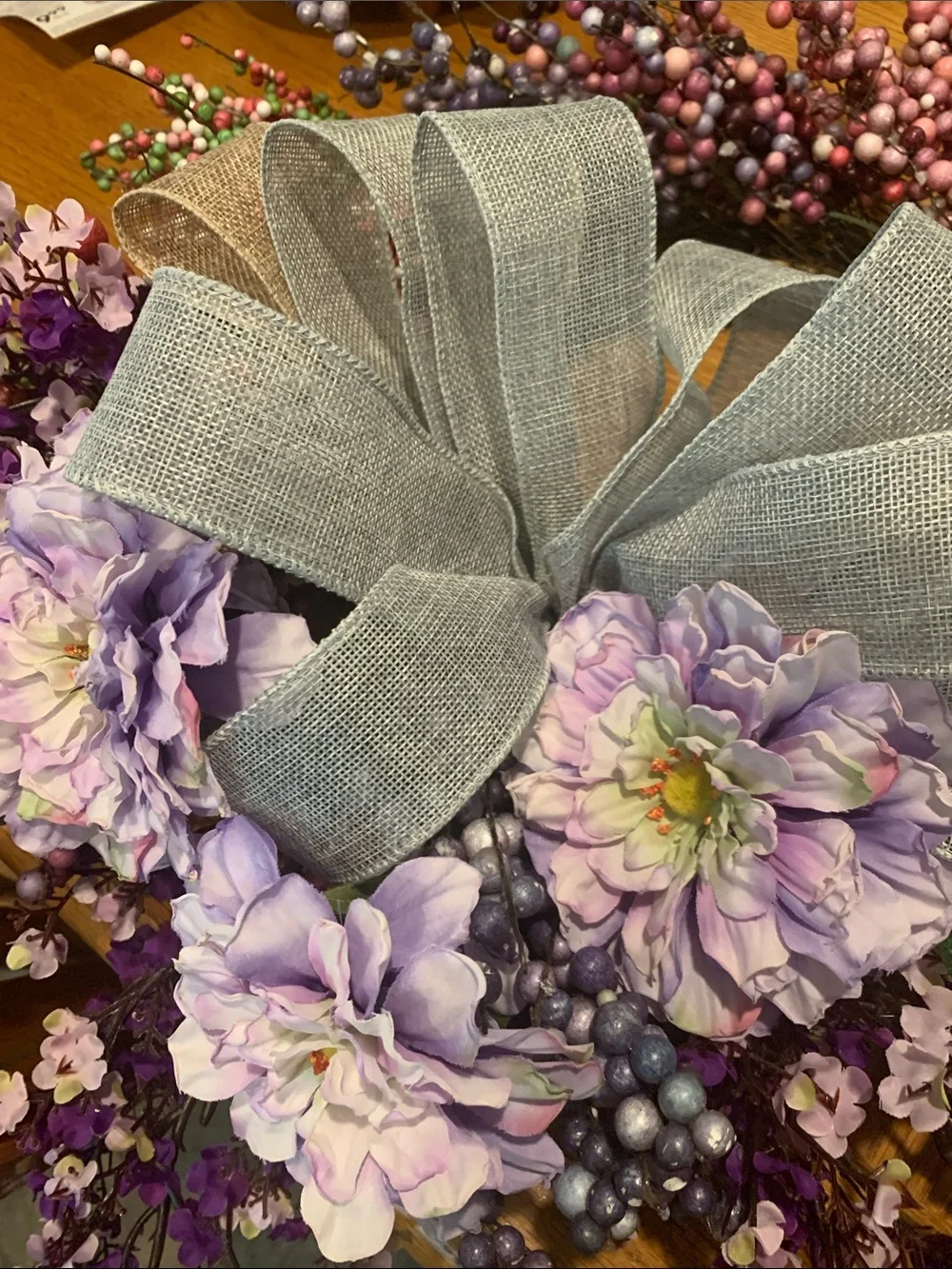 D,s. Handmade Lavender and Pink Berry Wreath with Gray Burlap Bow